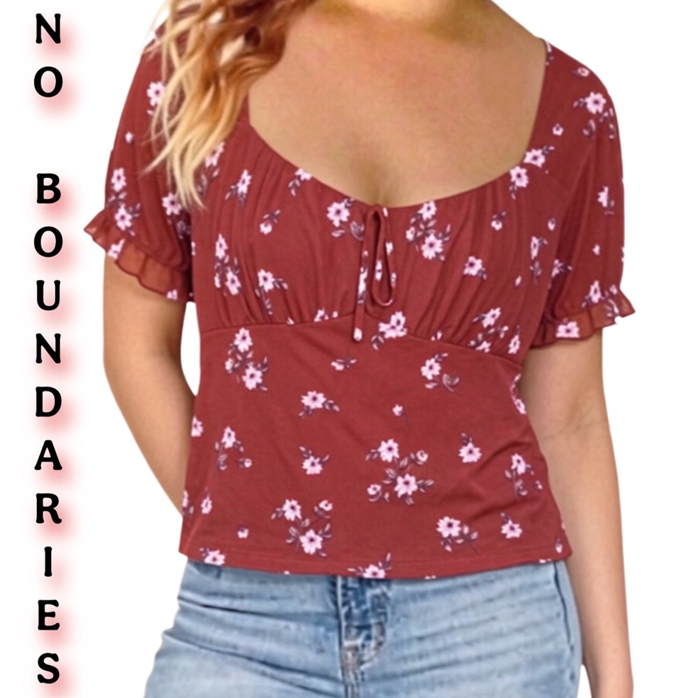 NO BOUNDARIES Floral Square Neck Flutter Sleeve Blouse